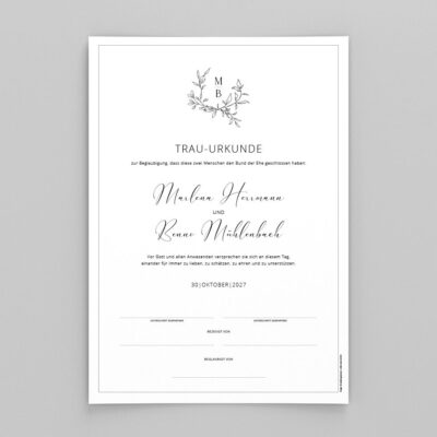 Hochzeitsurkunde Marlena und Benno personalisiert