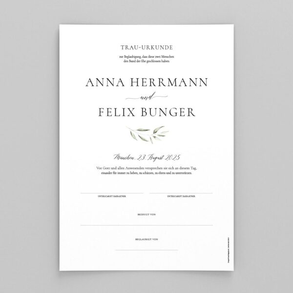 Hochzeitsurkunde Olive personalisiert
