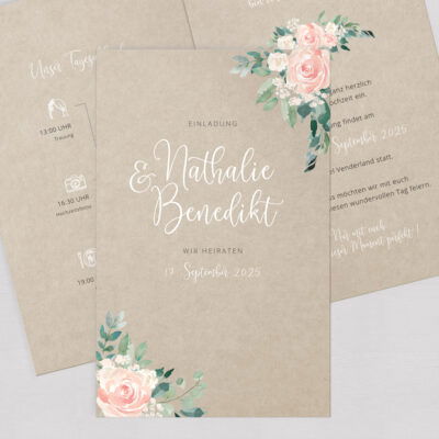 Hochzeitseinladung Vintage Kraftpapier Rosen